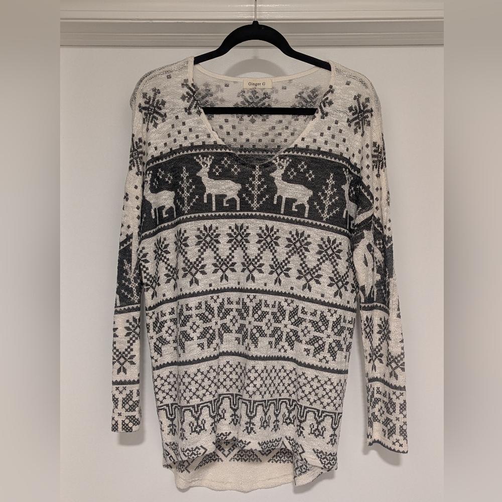 Ginger G Festive Black and White V-Neck Sweater